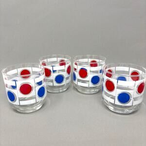 Set of 4 Vintage MCM Libbey Geometric Red White Blue Dot Pattern Rocks Glasses